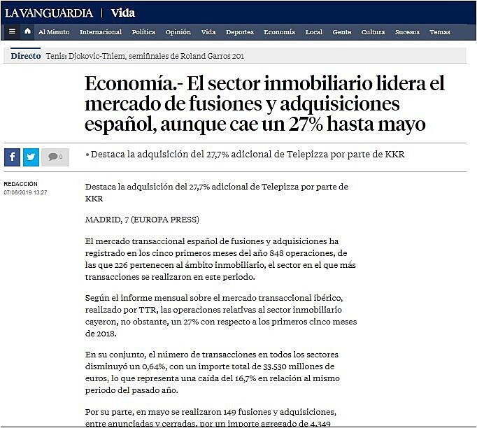 El sector inmobiliario lidera el mercado de fusiones y adquisiciones espaol, aunque cae un 27% hasta mayo